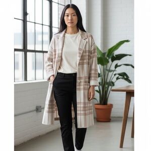 Brand New Nine West Windowpane Plaid Cream & Light Pink Shacket Coatigan Jacket